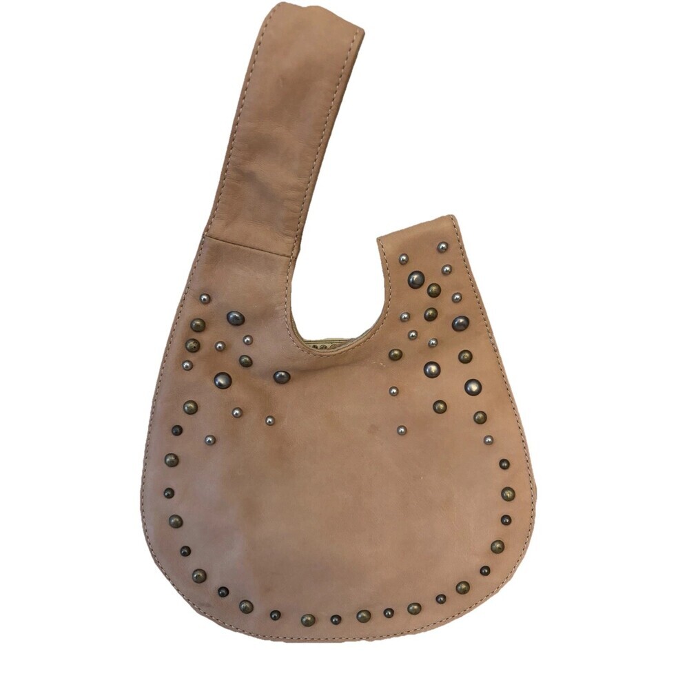 Nordstrom Neutral Tan Studded Leather Hobo Clutch Minibag 9x8" Unique Boho Chic - Picture 2 of 4